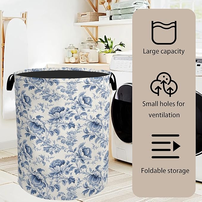 Beige Navy Blue Floral Laundry Basket with Handles - Extra Large Foldable Hamper for Bathroom/Laundry/Bedroom/Dorm, Washable Fabric Storage Bin