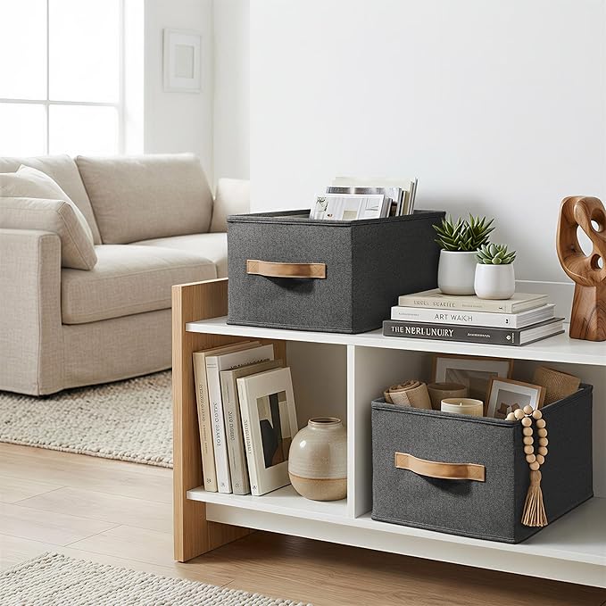 3 Pack Fabric Storage Bins for Shelves | 11.5x8.75x6.5in Storage Baskets | Fabric Closet Organizers and Storage Bins with Handles Home Organization| Linen Clothes Bins | Black