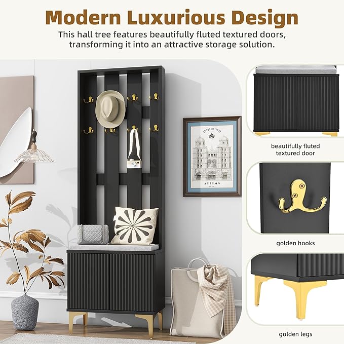 70.8" H Hall Tree with Cushion, Modern Luxury 4-in-1 Hall Tree with Adjustable Shelves & Fluted Doors, Versatile Coat Rack with 8 Gold Hooks and Legs, Entryway Bench for Hallway (Black/379)