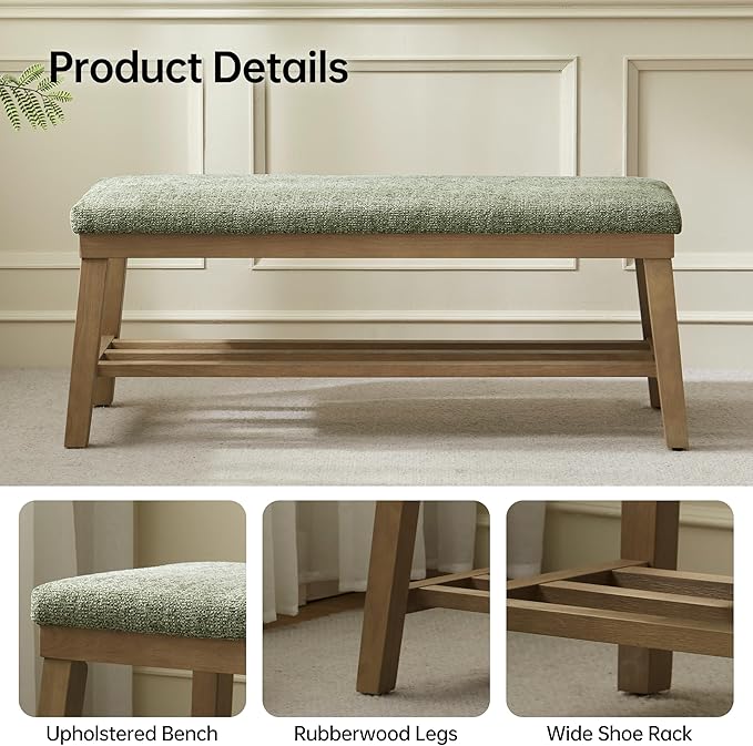 VKNOW Entryway Bench, 44.4" Upholstered Storage Shoe Bench for Entryway & Bedroom, Shoe Rack Bench with Rubberwood Legs, Modern End of Bed Bench for Living Room and Hallway, Green