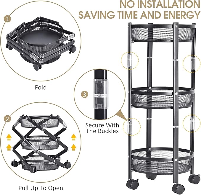 TOOLF 3-Tier Foldable Rolling Cart, Collapsible Metal Utility Cart with Wheels, Assembly-Free, Round Storage Organizer Trolley for Kitchen, Bathroom, Dorm, Nursery, Black