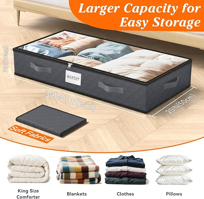SpaceWhisper 90L Under Bed Storage Containers, 2-Pack Storage Bins with Clear Top, Foldable Closet Organizers and Storage with Label Holder for Clothing, Blankets, Comforter & Pillows (Grey)