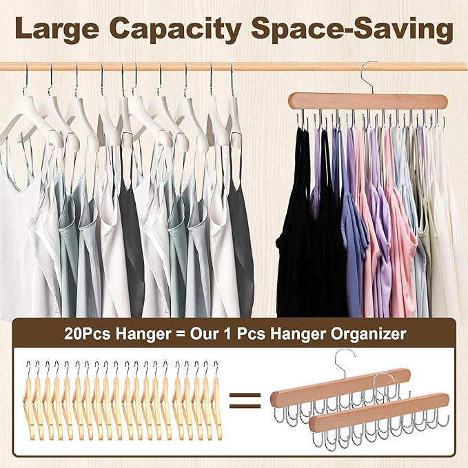 2 Pack Tank Top Hanger, 40 Hooks Large Capacity Bra Hanger, Bra Hangers for Closet Organizer & Storage, Tank Top Hangers Space Saving, Standard Hangers for Sports Bras, Tank Top (Wood, 2 Pack)