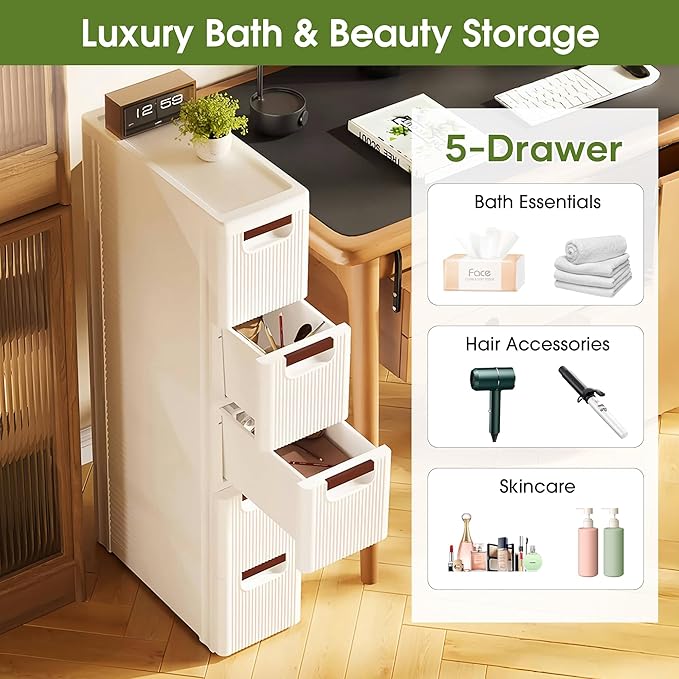 5 Drawers Narrow Storage Cabinet, Slim Bathroom Storage Cabinet, Plastic Rolling Cart Organizer for Small Spaces, Laundry, Office, Home, White