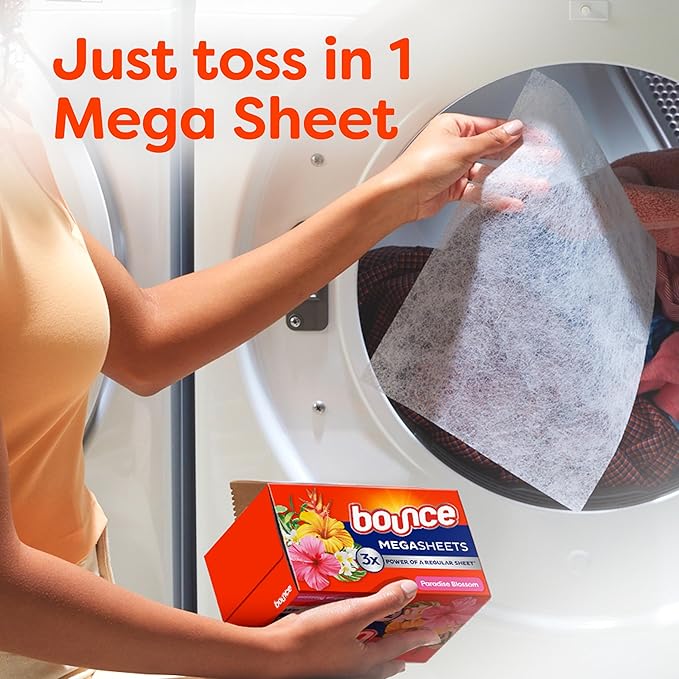 Bounce Mega Dryer Sheets Paradise Blossom | Anti-Static | 5-in-1 Benefits | 3x Static Fighting | 130 Sheets, Pack of 3