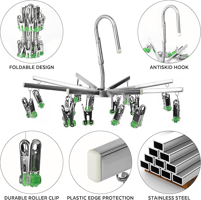 Drying Hanger, Hanging Drying Rack, Drip Hanger Stainless Steel with 16 Pegs for Laundry Underwear Socks, Quickly Remove Clothes from Hanger, Windproof, Folding Portable, (Green)