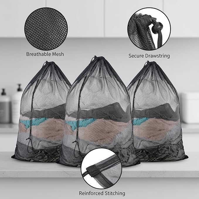 3 Pack Large Mesh Laundry Bags, 23 x 34 Inches Heavy Duty Laundry Net Bag with Drawstring, Durable Mesh Laundry Bags for College Dorm, Travel, Family, Apartment Dwellers, Camping, Black