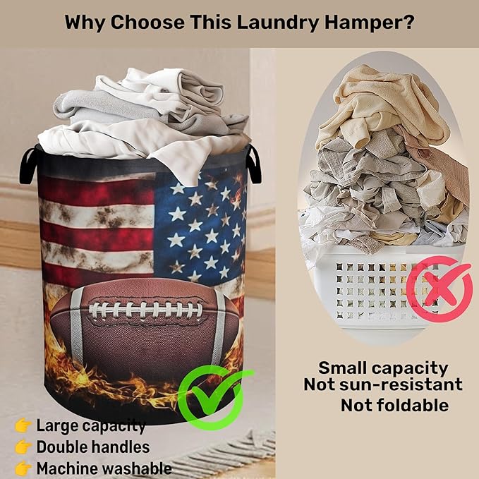 Football Large Clothes Hamper Bag - Laundry Basket with Handles, Space Saving Foldable Design for Nursery