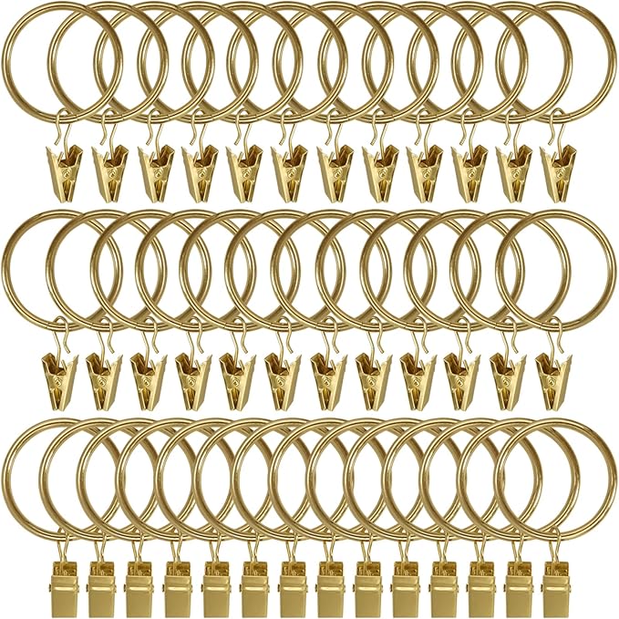 40 Pack Gold Curtain Rings with Clips, Curtain Hooks Hangers Clip Rings for Hanging Drapes Bows Hat, Drapery Rings 1.5 in I D, Fits up to 1.2 in Diameter Curtain Rod.