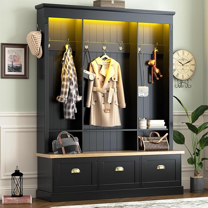 Farmhouse 75" H Hall Tree with 9 Golden Hooks, 3 Large Cabinets, Open Shelves, Roman Column Design Natural Storage Bench, Entryway Organizer with Shelves for Mudroom, Hallway (Black,75)