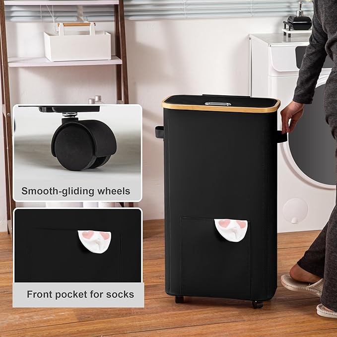 Laundry Basket with Wheels, Tall Dirty Clothes Hamper on Wheels, Rolling Laundry Hamper with lid for Dorm, Bedroom and Bathroom