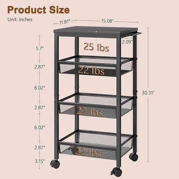 Hoctieon Rolling Storage Cart, 4-Tier 11.8" Wide Panel Rolling Kitchen Storage Cart, Utility Cart with Handle & Wheels, Mobile Shelving Unit, Metal Frame Narrow Cart for Home Kitchen, Laundry, Black