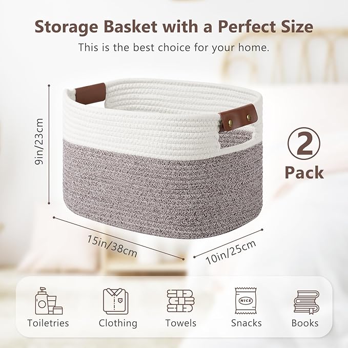 Cotton Rope Basket, Storage Baskets with Handle, 15x10x9 Inch Woven Basket for Shelves, Laundry, Towels, Clothes, Books (White Brown 2 Pack)