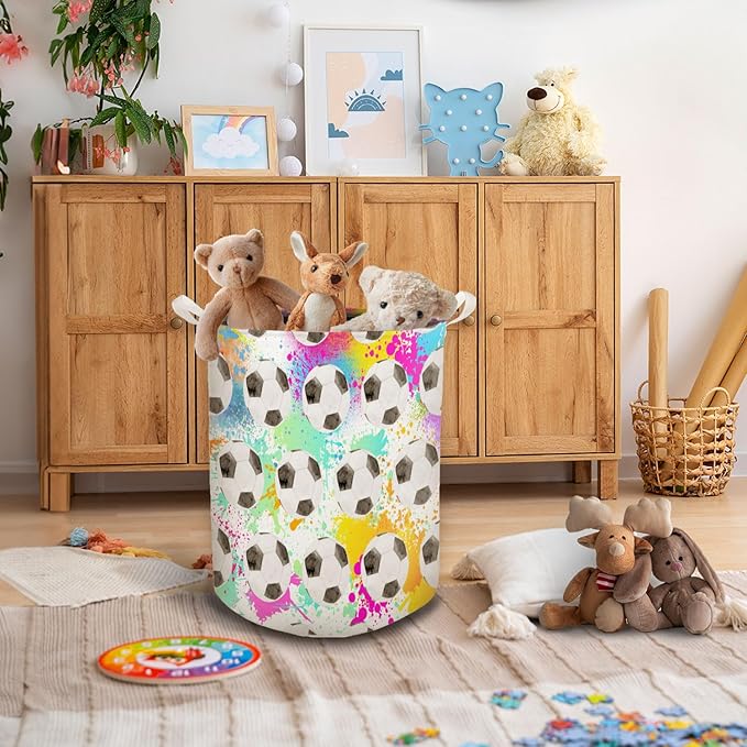 Colorful Football Laundry Basket, Toybox for Boys Room, Kids Laundry Basket Hamper Waterproof Collapsible Clothes Toys Storage Bin Organizer for Bedroom Bathroom Boys Room Dorm