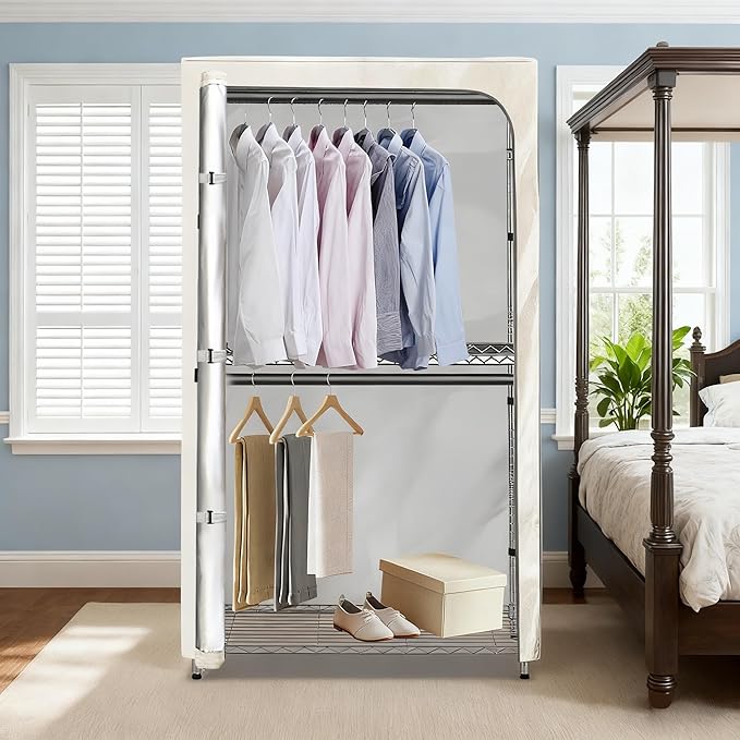 Rileytee Garment Rack Cover,600D Heavy Duty Waterproof Clothing Rack Cover,Clothes Rack Cover with Zipper for Metal Garment Rack(White,46"W x 18"D x 80"H,Cover Only）