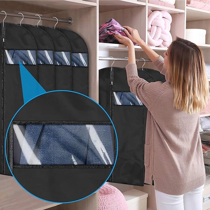 Garment Bag for Storage, Travel, and Dustproof, 40, 48, 60 inches Long, Washable Suit Cover for T-shirts, jackets, suits, and coats, non-woven (black, 24" x 40"-3pcs)