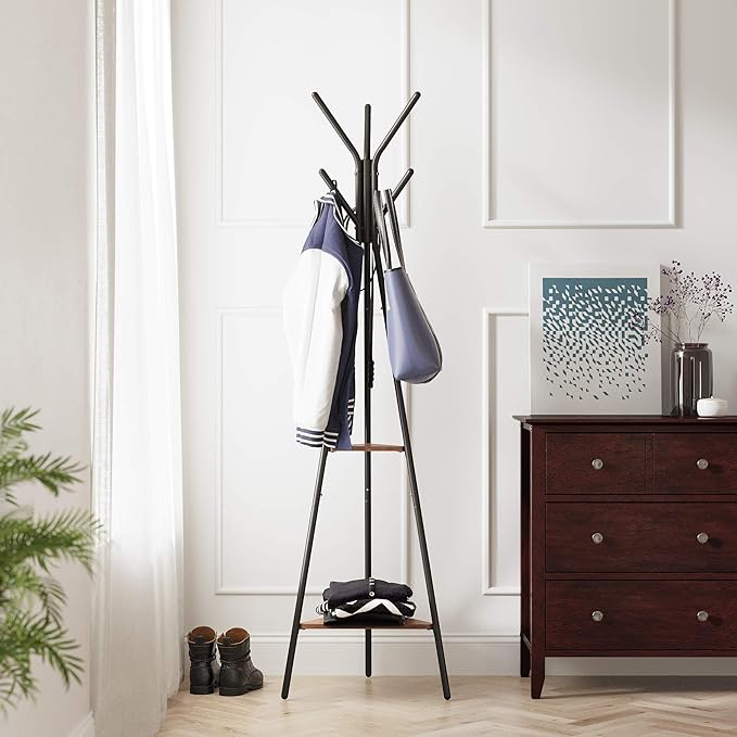 VASAGLE Coat Rack Freestanding, Coat Hanger Stand, Hall Tree with 2 Shelves, for Clothes, Hat, Bag, Industrial Style, Hazelnut Brown and Black