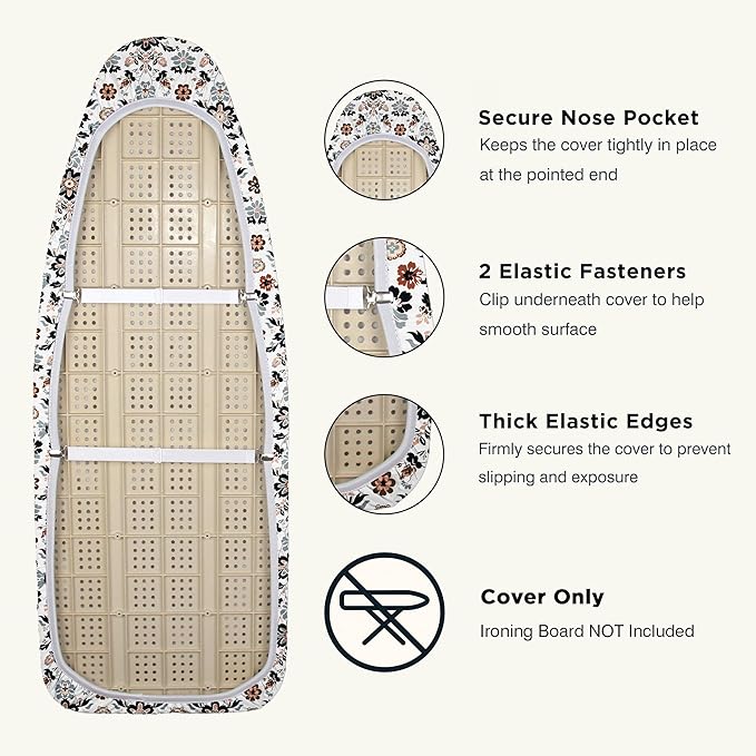 Ironing Board Cover and Pad 18"x49" Extra Thick Natural Cotton,Scorch and Stain Resistant Iron Board Cover,Wide Ironing Board Cover with Fasteners Heavy Duty Heatproof Elastic Edge Floral