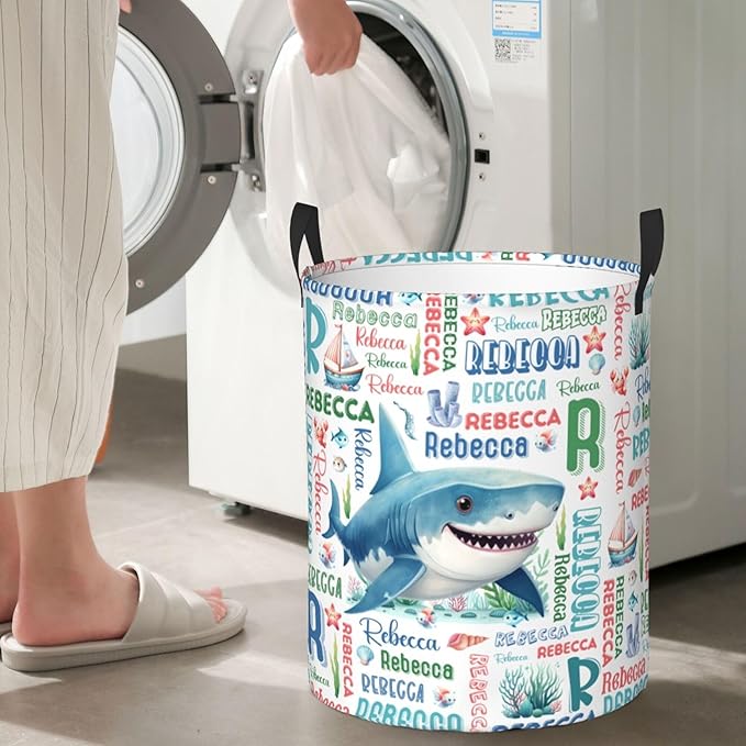 Personalized Shark Laundry Basket For Baby Kids Boys Girls Adult Custom Hamper Basket With Name For Bathroom Bedrooms Collapsible Baby Laundry Basket, Dirty Clothes Hamper With Handles