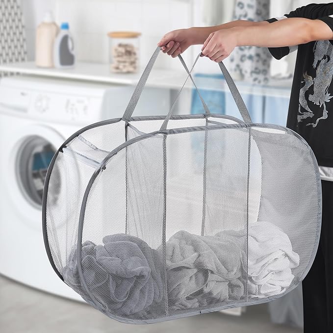 Seiritex Mesh Popup Laundry Hamper 3 Compartment Sortable Horizontal Collapsible Laundry Basket for Clothes Laundry Room Bedroom Toys Travel (Gray)