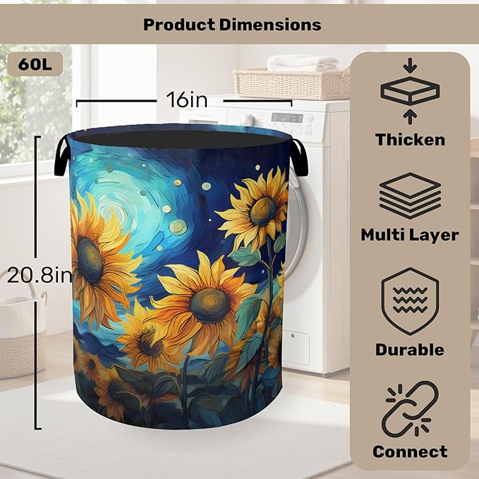 Starry Sky Sunflower Laundry Basket - Heavy Duty 60L Dirty Clothes Organizer, Water Resistant Foldable Hamper for Men Women