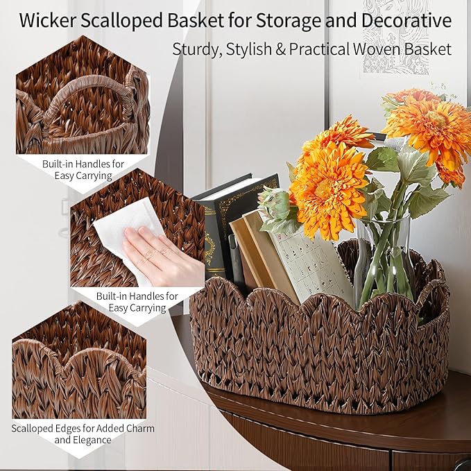 Wicker Scalloped Basket Set of 2,Woven Storage Baskets for Shelves,Closet,Laundry,Gift,Towels,Books,Toys,Waterproof Cute Decor Basket for Organizing,Brown