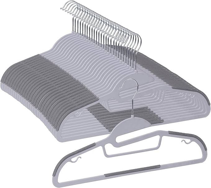 Nouva Heavy Duty Plastic Clothes Hangers 50 Pack - Non-Slip Design 0.24 Inches Thick,360° Swivel Hook Space Saving Organizer Coat Hanger for Bedroom Closet,Shirts,Pants,Grey