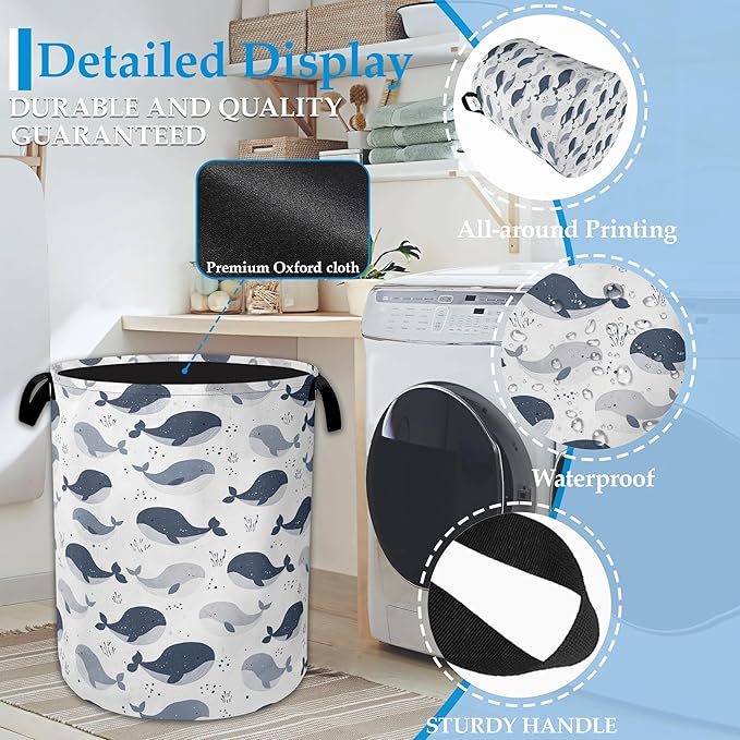 Cartoon Whale Laundry Basket Collapsible Laundry Hamper with Handle, Oxford Clothes Toy Storage Bin for Bathroom Bedroom Room Decor, Gift Basket 16" X 20.8"