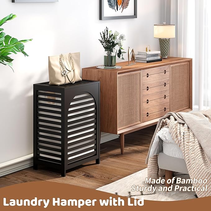 FILWH Laundry Hamper with Lid (16.9 * 13 * 26.5inches) Large Bamboo Laundry Bin Basket 85L Clothes Hamper with 1 Removable Bag Storage baskets for Bathroom(Black)