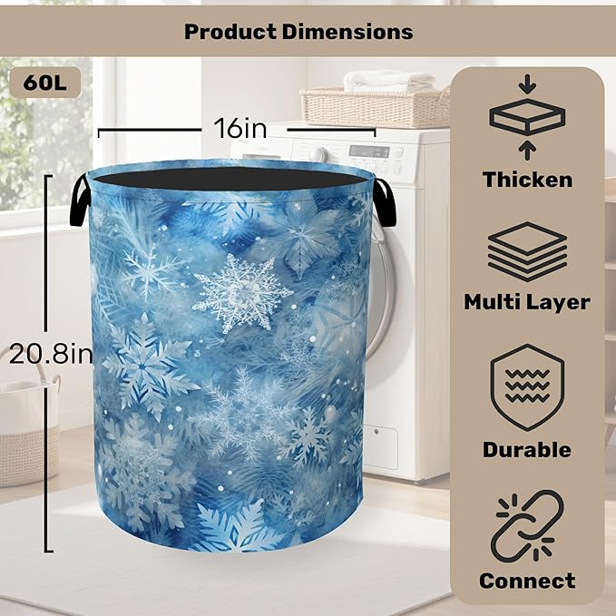 Winter Laundry Basket, Snowflakes Laundry Hamper, Heavy Duty 60L Dirty Clothes Organizer, Water Resistant Foldable Hamper for Men Women
