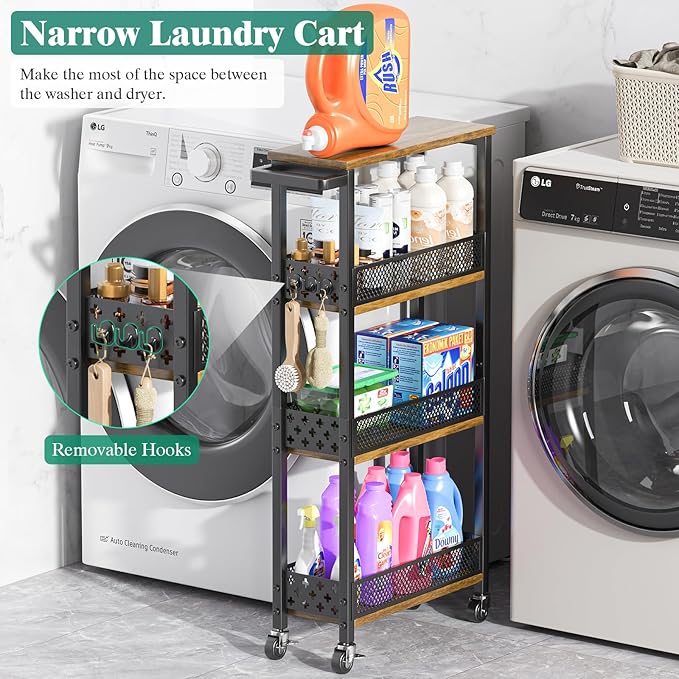 Giwil 4-Tier Slim Rolling Storage Cart for Kitchen Bathroom Organizer, Mobile Narrow Storage Cabinet Utility Cart with Wood Rack on Wheels for Pantry Laundry Small Space