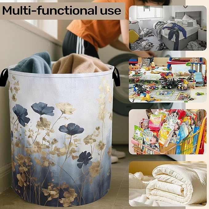 Blue Flowers Laundry Basket - Extra Large Foldable Laundry Hamper with Handles, Washable Storage Bin for Bathroom/Laundry/Bedroom/Dorm