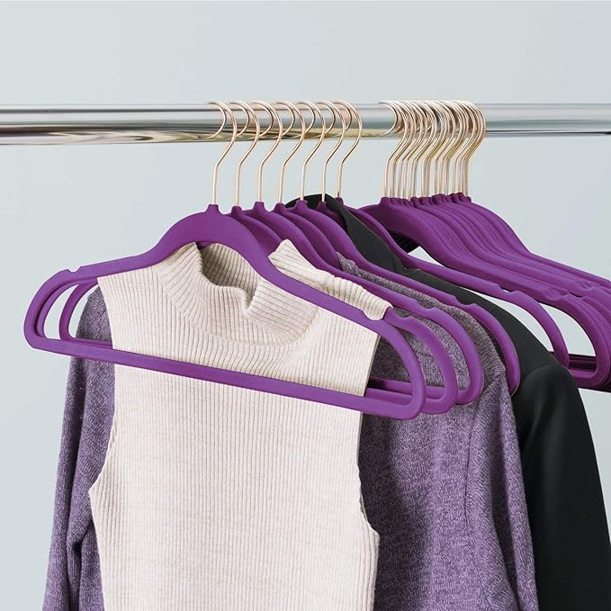 VECELO Premium Velvet Suit Hangers Heavy Duty (50 Pack) - Non Slip & Space-Saving Clothes Hangers with 6 Finger Clips and Tie Rack Excellent for Men and Women (Purple)