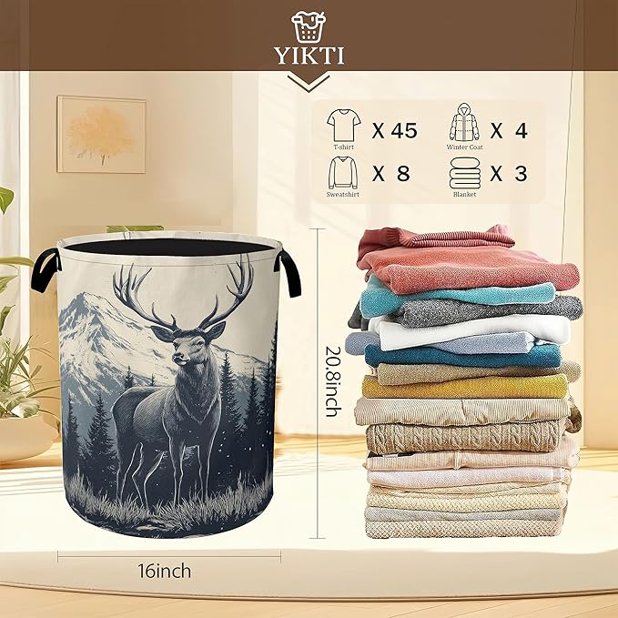 Collapsible Laundry Basket,Vintage Forest Deer Dirty Clothes Hamper,Snow Mountain Hampers for Bedroom Waterproof Oxford Cloth Storage Organizer for Bathroom,Nursery,Dorm,16x20 Inch