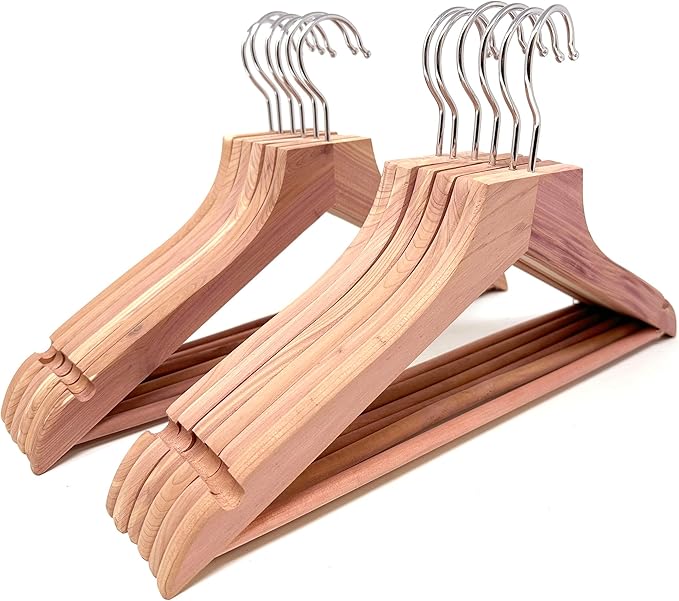 Cedar Elements Big Kids Cedar Hangers – French Flat Top Style 12 Pack for Kids Size 4T-10 (with Pant bar)