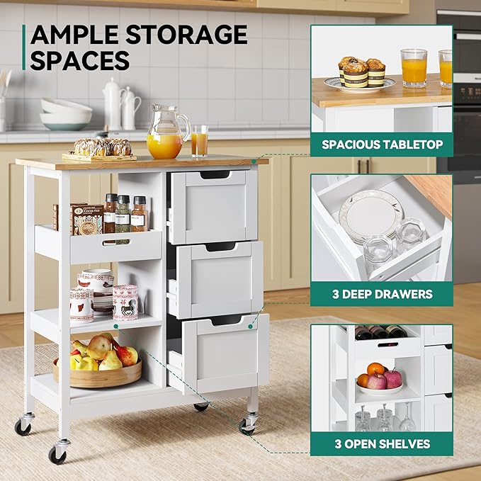 YITAHOME Small Solid Wood Top Kitchen Island Cart on Wheels with Storage, Rolling Portable Dining Room Serving Utility Carts Mobile Movable with 3 Drawers Cabinet, Oak & White