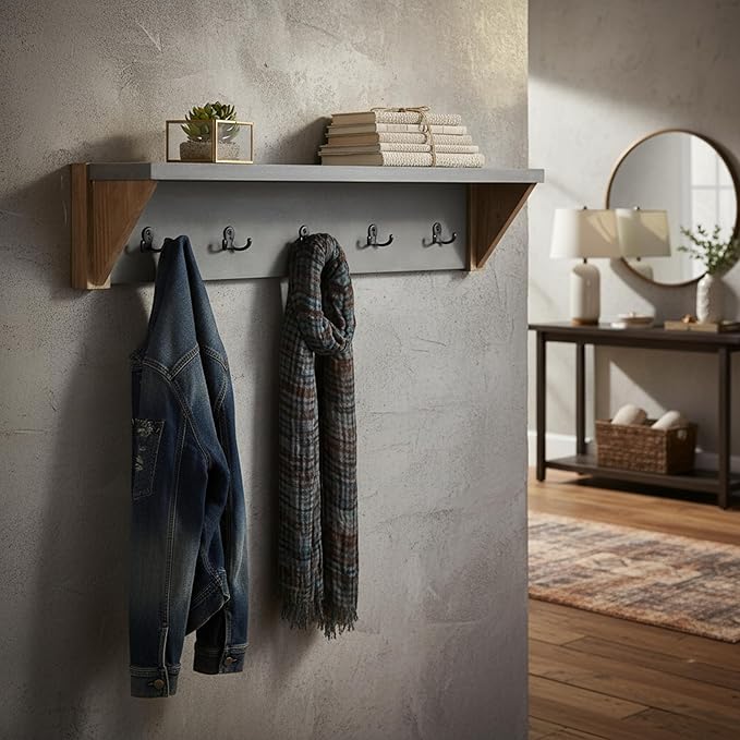 Alaterre Furniture Newport Entryway Collection – 40" Modern Industrial Wall Mounted Coat Rack with 5 Steel Double Hooks & Top Shelf – Easy Hang for Entryway, Hallway, or Mudroom (Concrete Gray)