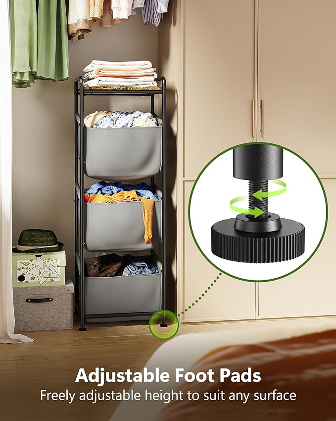 3 Section Laundry Sorter with Removable Bags, 120L Vertical Laundry Hamper with Shelf, Stackable Laundry Baskets organizer for Bathroom, Apartment, Dorm (Gray, With Shelf)