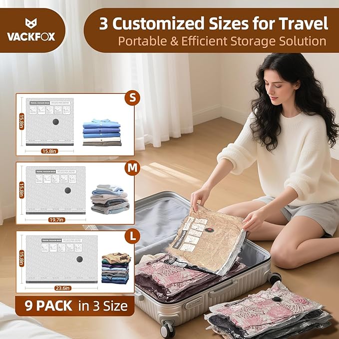 Travel Vacuum Storage Bags,9 Pack Carry-On Size Compression Packing Bags for Luggage and Suitcase, Space Saver for Clothes and Clothing Travel 80% Space Saver.