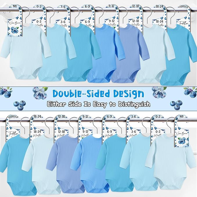 Baby Closet Dividers 8PCS, Blueberry Themed Wooden Double-Sided Clothes Size Hanger/Organizer from Newborn to Toddler for Nursery Decor Baby Shower Birthday Gender Reveal Party Gift