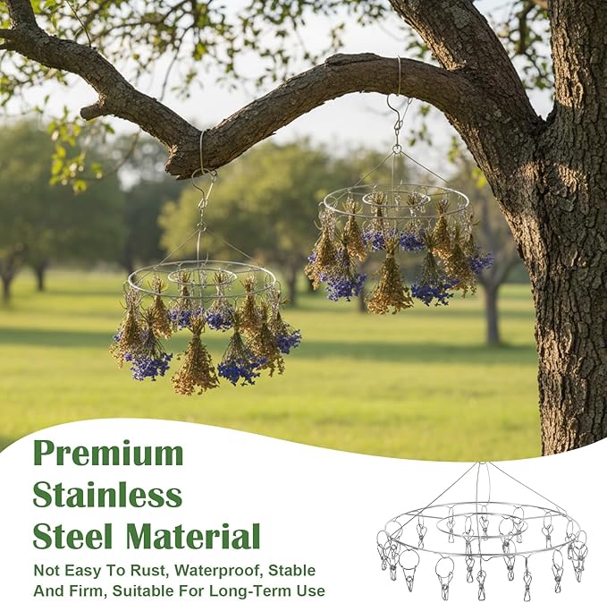 4 Pieces Stainless steel Hanging Drying Rack Two Kinds, Two of Each, Square and Round Stainless Steel with 30 Hooks, Space-Saving for Fresh and Aromatic and Clothes