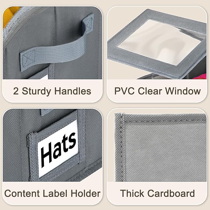 Dofilachy 2 Pack Stackable Hat Storage for Baseball Caps, Holds 28 Caps - Closet Organizer Box with Clear Window & Cardboard，Sturdy Snapback Hat Boxes for Home Storage (grey, 2)