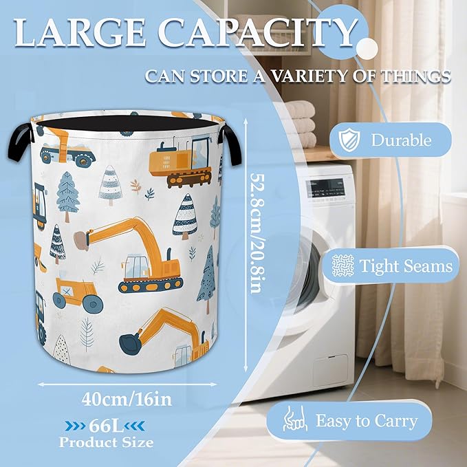 Cartoon Excavator Laundry Basket Collapsible Laundry Hamper Clothes Toy Storage Bin for Bathroom Bedroom Room Decor 16" X 20.8"