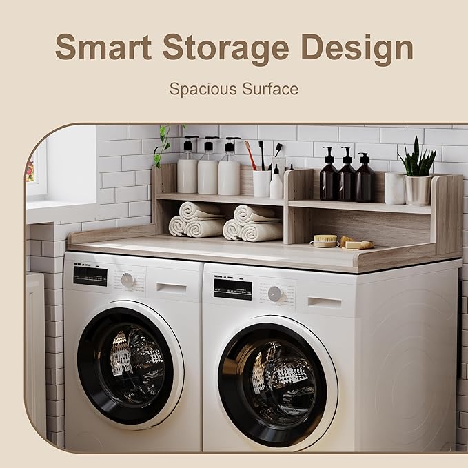 ChooChoo 2-Tier Washer Dryer Countertop with Adjustable Shelf, Spacious Laundry Room Storage for Folding Clothes and Efficient Organization, Oak