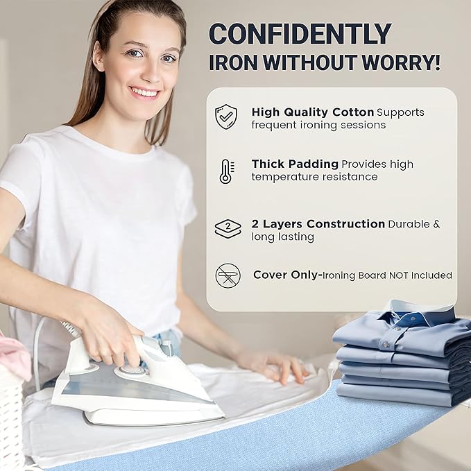 Ironing Board Cover and Pad 18"x49" Extra Thick Natural Cotton, Scorch and Stain Resistant Iron Board Cover, Wide Ironing Board Cover with Fasteners Heavy Duty Heatproof Elastic Edge Blue
