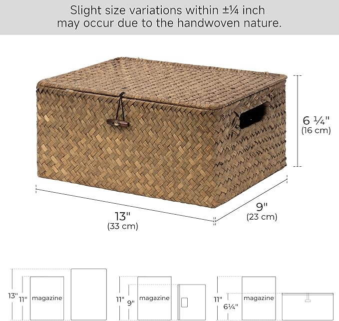 StorageWorks Wicker Baskets with Lid for Organizing, Seagrass Storage Baskets for Shelves, Decorative Box with Built-in Handles, Brown, Medium, 1 Pack