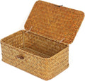 FEIALNDUO Wicker Shelf Baskets with Lid,Seagrass Storage Basket Bins Rectangular Handwoven Basket Boxes for Shelves Desktop Home Organizer (Natural, X-Small)