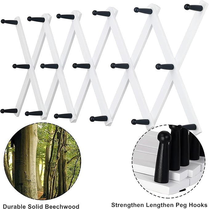 Dseap Accordian Wall Hanger: 16” High Wooden Wall Expandable Coat Rack, Hat Rack Holder, Accordion Hook for Baseball Caps, Coats, Mugs,17 Peg Hooks, White & Black
