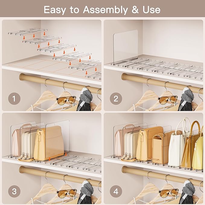 Criusia Adjustable Closet Purse Organizer Rack – 28.8" Extra-Long Shelf Divider with 6 Base Panels & 8 Dividers – Non-Slip Handbag Holder for Bags, Clothes, Kitchen, Office (Pack of 2)