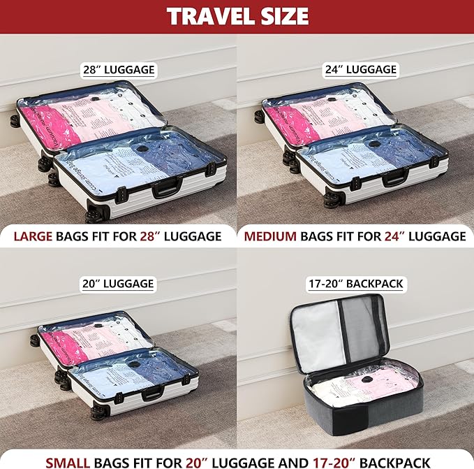 Vacuum Bags for Travel with Rechargeable Pump, 8 Medium Compression Packing Seal Bags for Luggage Suitcase, Space Saver for Clothing and Clothes Storage Travel